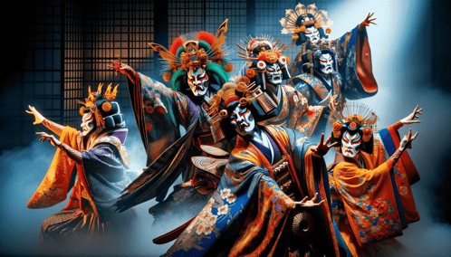 DALL·E 2023-12-27 08.42.09 - An image capturing the essence of contemporary Kabuki theater, characterized by_ 1. Vibrant Costumes_ Show actors in colorful and elaborate costumes, 