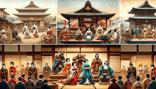 DALL·E 2023-12-27 08.42.22 - A composite image illustrating the evolution of Kabuki theater through the Edo period_ 1. Womens Kabuki (Onna Kabuki)_ Show a scene with female perfo