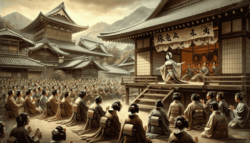 DALL·E 2023-12-27 08.42.32 - A historical image depicting the origins of Kabuki, started by Izumo no Okuni in Kyoto in 1603. The scene shows Okuni, a woman in traditional Japanese