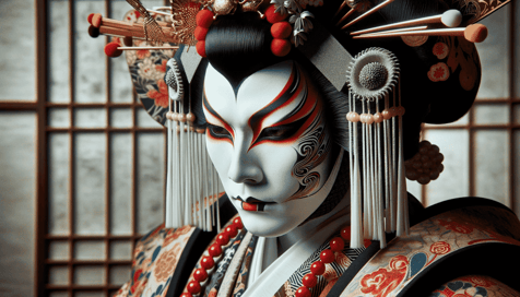 DALL·E 2023-12-27 08.42.54 - A close-up view of a Kabuki actor, emphasizing the distinctive aspects of Kabuki makeup and costume_ 1. Makeup_ Detailed white foundation with bold, a