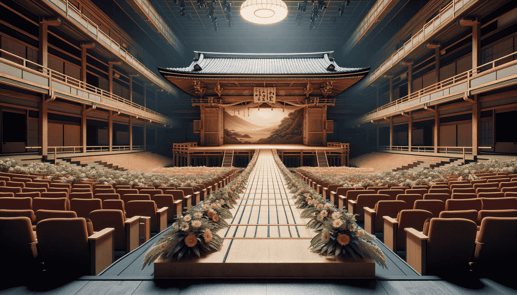 DALL·E 2023-12-27 15.22.13 - A realistic representation of a Kabuki theater stage with the hanamichi (flower path). The hanamichi is a raised walkway extending from the stage into (1)