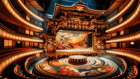 DALL·E 2023-12-27 21.25.08 - A Kabuki theater stage showcasing innovative stage setups and props, including a rapidly changing backdrop and a revolving stage, which are characteri