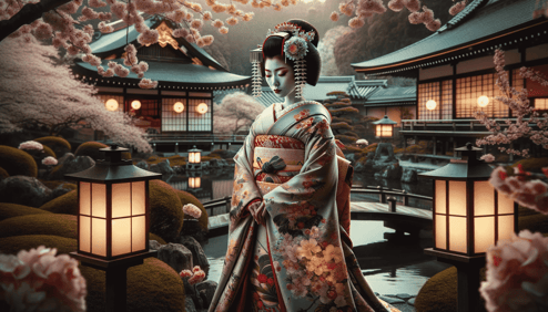 DALL·E 2023-12-28 20.13.37 - A highly trained geisha embodying Japanese traditional culture, dressed in an exquisite kimono with intricate patterns and delicate colors. She is ele-1