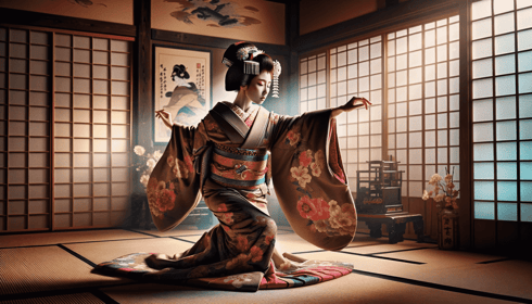DALL·E 2023-12-28 20.13.46 - A captivating scene with a geisha performing a traditional Japanese dance. She is in mid-movement, wearing a vibrant, floral-patterned kimono. The set