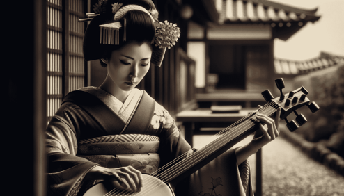 DALL·E 2023-12-28 20.14.12 - An image showcasing a geisha as a respected cultural icon, focusing on her skills in traditional Japanese music. She is playing the shamisen, with a d