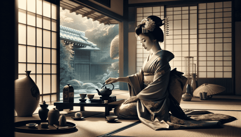 DALL·E 2023-12-28 20.14.18 - A respectful and artistic portrayal of a geisha engaged in a tea ceremony, symbolizing her role as a cultural practitioner and not a courtesan. She is