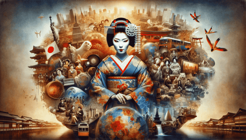 DALL·E 2023-12-28 20.14.45 - A symbolic image of a geisha representing the essence of Japanese culture in a global context. The geisha is in the center, adorned in a stunningly de