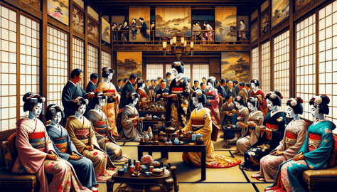 DALL·E 2023-12-28 20.15.03 - 3. An artistic depiction of geishas in the Meiji era, highlighting the evolution of their role in Japanese society. This scene portrays the increasing
