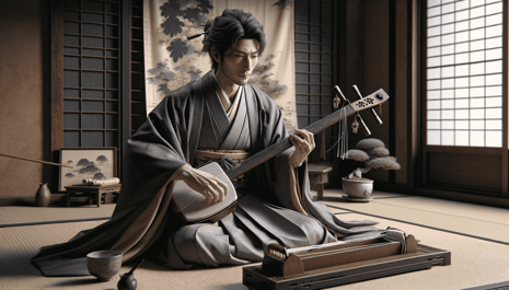 DALL·E 2023-12-28 20.15.17 - A detailed image of a male geisha, or Taikomochi, performing a traditional Japanese music piece. He is elegantly dressed in a classic kimono, sitting 