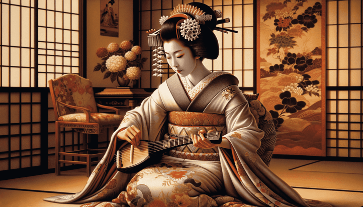 DALL·E 2023-12-28 20.16.26 - An image depicting a Geiko in a moment of artistic performance, embodying her role as a fully-qualified geisha in Kyoto. She is shown engaged in an el