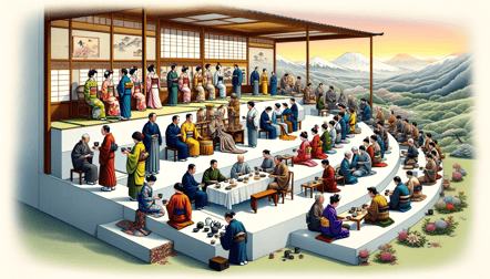 DALL·E 2023-12-29 01.31.45 - An image depicting the evolution of the Japanese tea ceremony from an upper-class ritual to a practice embraced by all layers of society. The left sid