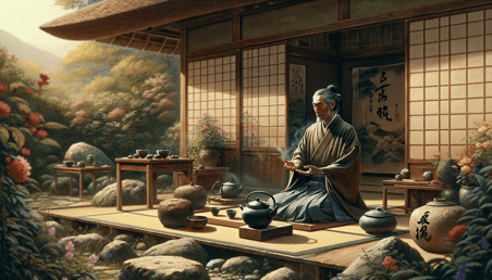 DALL·E 2023-12-29 01.31.49 - A portrayal of Sen no Rikyu, the influential tea master, in a setting that embodies his principles of wabi-sabi, simplicity, and natural beauty in the