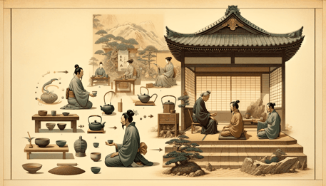 DALL·E 2023-12-29 01.32.06 - An image depicting the evolution of the Japanese tea ceremony from its introduction in the 9th century from China to its development under Zen Buddhis