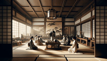 DALL·E 2023-12-29 01.32.14 - An image capturing the essence of the Japanese tea ceremony as a spiritual and aesthetic experience, focusing on the concept of cherishing each moment