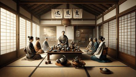 DALL·E 2023-12-29 01.32.27 - An image representing the principles of harmony (wa), respect (kei), purity (kiyo), and tranquility (sei) embodied in the Japanese tea ceremony. The s
