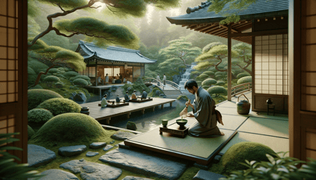 DALL·E 2023-12-29 01.32.40 - An image showcasing the tranquil ambiance of a Japanese tea ceremony. The scene is set in a traditional tea garden, surrounded by lush greenery and a 
