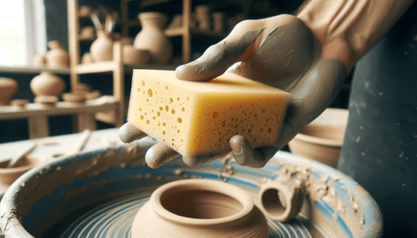 DALL·E 2023-12-29 23.15.38 - A photo showing a sponge used in pottery for smoothing the surface of formed pieces and removing debris. The image should feature a sponge in use, per