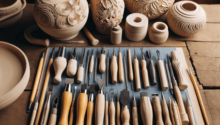 DALL·E 2023-12-29 23.15.41 - A photo showing a collection of sculpting tools used in pottery for detailed work and carving designs. The image should display various shapes and siz