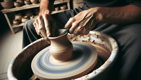 DALL·E 2023-12-29 23.15.47 - A photo depicting a potter using a wire to cut a spinning piece of pottery on a potters wheel. The image should focus on the moment the wire is being