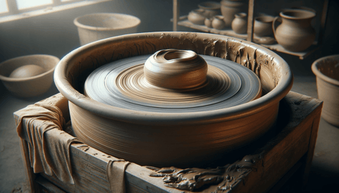 DALL·E 2023-12-29 23.17.17 - A realistic photo of a potters wheel (roku-ro), used in the shaping process of pottery. The image should display a typical potters wheel, capable of