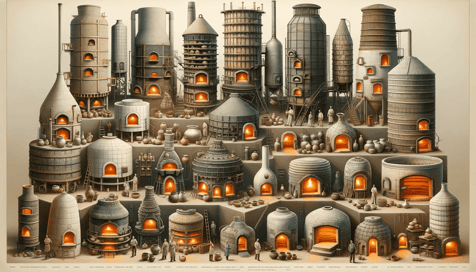 DALL·E 2023-12-29 23.17.22 - A realistic photo of various types of kilns used in pottery, illustrating their purposes and structural differences. The image should depict a range o