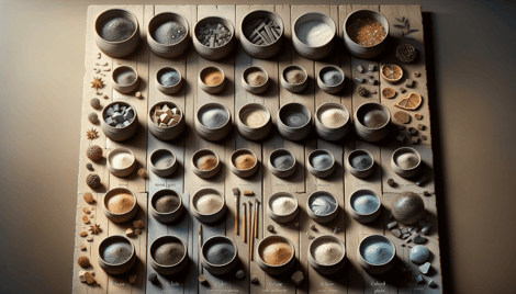 DALL·E 2023-12-29 23.17.25 - A realistic photo displaying various types of glazes used in pottery, focusing on ash glaze and colored glazes. The image should show containers of di