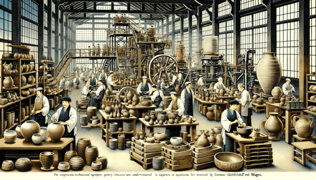 DALL·E 2023-12-29 23.17.36 - A scene from the Meiji period in Japan, illustrating the significant technological innovations and modernization in pottery, influenced by the German 