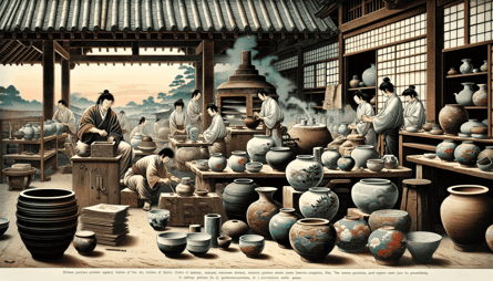 DALL·E 2023-12-29 23.17.47 - A scene from the Azuchi-Momoyama period in Japan, illustrating the influence of the tea ceremony on pottery, showcasing Setoguro, Oribe, and Shino war