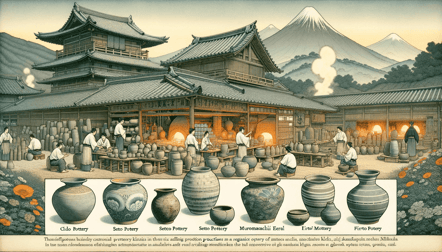 DALL·E 2023-12-29 23.17.52 - A scene from the medieval period in Japan, specifically the Kamakura and Muromachi eras, showcasing the regional characteristics of pottery production