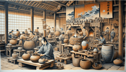 DALL·E 2023-12-29 23.18.01 - An artistic representation of the Heian period in Japan, focusing on the development of ash-glazed pottery and the production of everyday ceramic item