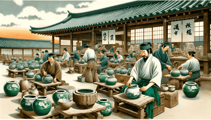 DALL·E 2023-12-29 23.18.24 - A scene from the Nara period in Japan, depicting the introduction of glazed pottery influenced by China and Korea. The image should showcase artisans 