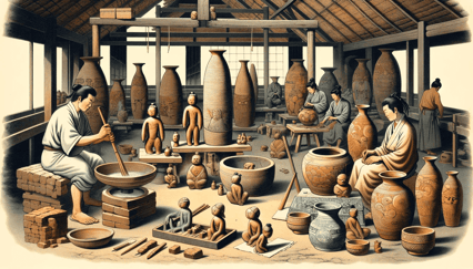 DALL·E 2023-12-29 23.18.36 - A historical scene from the Kofun period in Japan, focusing on the production of Haniwa (clay figures) and decorative pottery used as grave goods. The