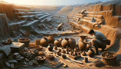 DALL·E 2023-12-29 23.19.06 - A realistic depiction of an archaeological site from the Jomon period in Japan, showcasing the discovery of ancient Jomon pottery. The scene should in