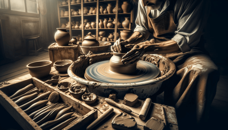 DALL·E 2023-12-29 23.19.29 - An artistic depiction of the pottery making process, showing an artisan shaping clay on a pottery wheel. The scene should capture the hands of the art