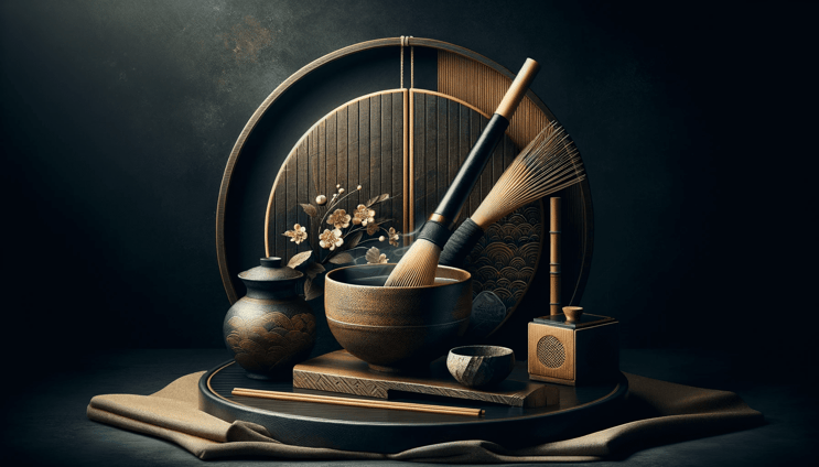 DALL·E 2023-12-29 23.19.44 - A striking digital art piece focusing on the traditional aspects of a Japanese tea ceremony, set against a dark, modern background. The image should f (1)