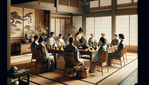 DALL·E 2023-12-29 23.54.05 - A high-quality photograph of a Ryurei-shiki tea ceremony, a Japanese tea ceremony style performed with chairs and tables. The image should show guests