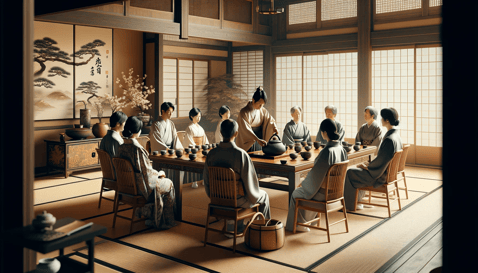 DALL·E 2023-12-29 23.54.05 - A high-quality photograph of a Ryurei-shiki tea ceremony, a Japanese tea ceremony style performed with chairs and tables. The image should show guests