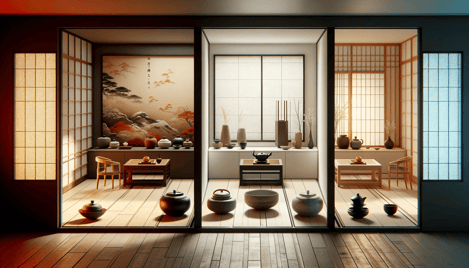 DALL·E 2023-12-29 23.54.49 - A modern, minimalist digital rendering showcasing the differences between the Urasenke, Omotesenke, and Mushakojisenke schools of Japanese tea ceremon