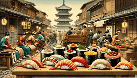 DALL·E 2024-01-06 15.13.47 - An image depicting sushi from the Edo period, showcasing the evolution towards modern sushi styles. The image should feature Edo-mae sushi, characteri