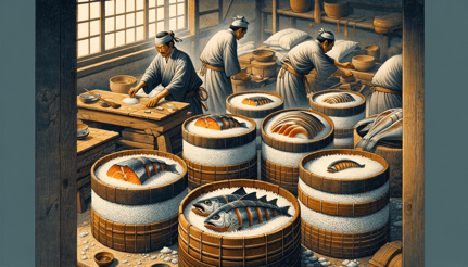 DALL·E 2024-01-06 15.14.02 - An image depicting narezushi, the early form of sushi from the Nara period (710-794). The image should illustrate the ancient sushi-making process, 