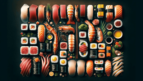 DALL·E 2024-01-06 15.14.40 - An image showcasing the diversity of ingredients used in sushi, highlighting the unique textures and flavors. The image features a variety of sushi ty