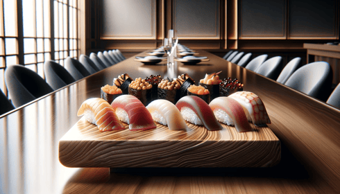 DALL·E 2024-01-06 15.15.01 - A minimalist and elegant display of luxurious sushi, with just a few pieces carefully arranged on a large polished wooden board. The sushi includes hi