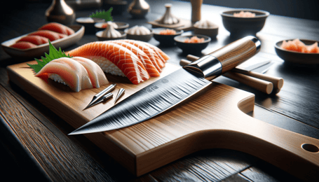 DALL·E 2024-01-06 15.17.20 - A high-quality, realistic image of a sashimi knife (sashimi bōchō), known for its precision and craftsmanship. The knife features a long, narrow, and 