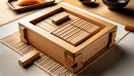 DALL·E 2024-01-06 15.17.23 - A high-quality image of a traditional wooden sushi mold used for making oshizushi (pressed sushi). The mold is crafted from fine-grained wood, showing