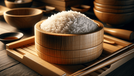 DALL·E 2024-01-06 15.17.26 - A high-quality, realistic image of a sushi oke (sushi rice tub), traditionally used in sushi preparation. The oke is made of wooden material, showcasi