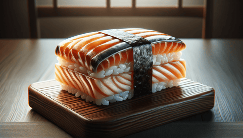 DALL·E 2024-01-06 15.17.58 - A photo-realistic image of traditional oshizushi, highlighting its unique characteristics. The oshizushi is meticulously crafted with layers of vinega