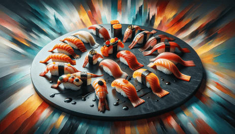 DALL·E 2024-01-06 15.18.19 - An artistic interpretation of a sushi feast, featuring an array of nigiri sushi with a touch of abstract art. The sushi is creatively arranged in a ci