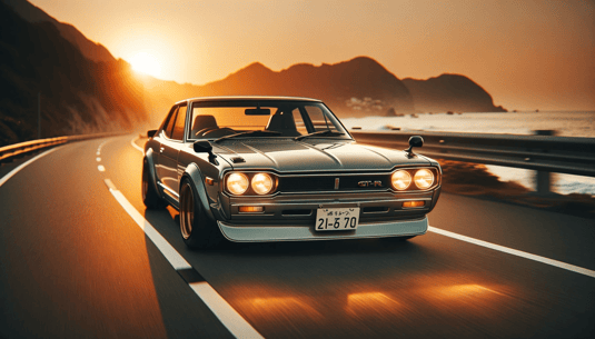 DALL·E 2024-01-08 11.07.37 - A high-quality photo of a Nissan Skyline GT-R (Hakosuka) with slanted headlights, cruising on a coastal road during sunset. The cars classic lines an (1)