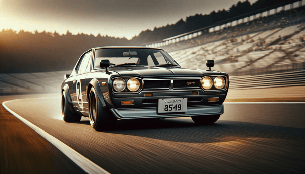 DALL·E 2024-01-08 11.08.24 - A high-quality photo of a Nissan Skyline GT-R (Hakosuka) with slanted headlights, racing on a classic racetrack. The cars speed and slanted headlight (1)