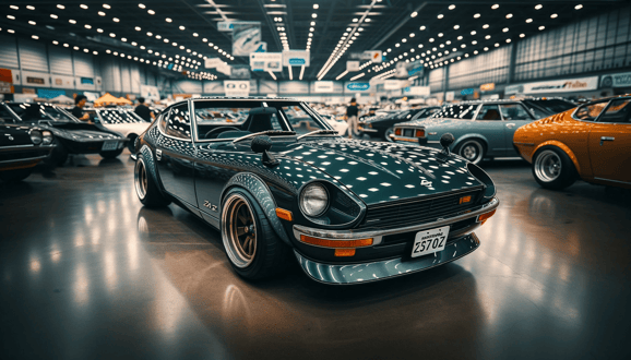 DALL·E 2024-01-08 11.15.28 - A high-quality photo of a beautifully restored Nissan Fairlady Z (S30Z) at a classic car show. The car stands out with its meticulous restoration, sho